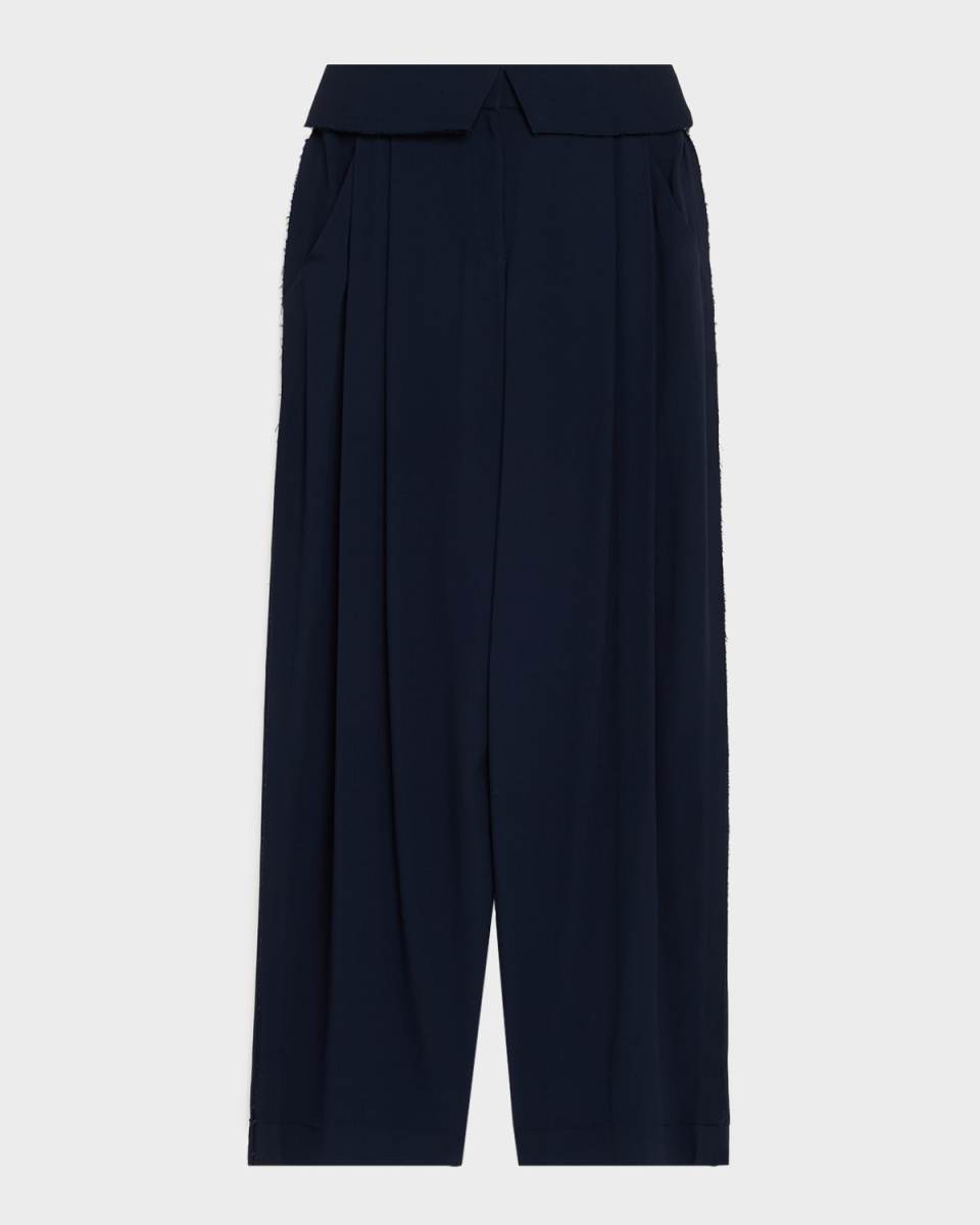 Foldover-Waist Pleated Wide-Leg Pants